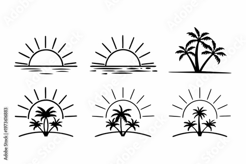 Tropical Sunset and Palm Tree Vector Icons Set.