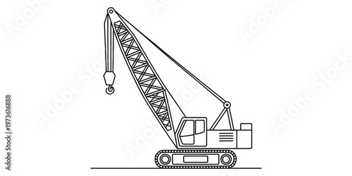 A black and white line drawing of a crawler crane used for heavy construction and lifting work Vector, illustration