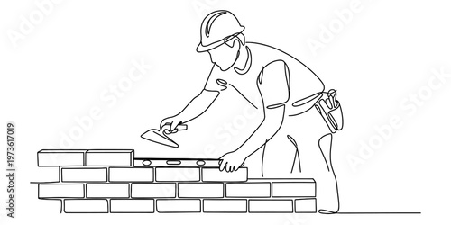 A single continuous line drawing of a professional bricklayer wearing a helmet on a construction. Vector, illustration