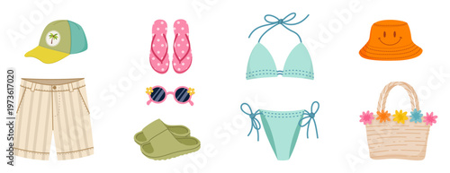 Summer beach outfit set. Accessories collection with hat, flip flops, sunglasses, shorts, bikini and woven bag. Flat vector illustration.