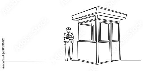 A single continuous line drawing of a security guard standing next to a small wooden guard booth Vector, illustration