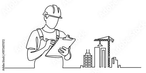 Continuous line drawing of a construction worker holding a clipboard near a building site area Vector, illustration