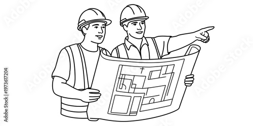 Two construction workers examining a blueprint and pointing towards a project site in the distance Vector, illustration