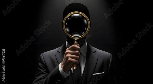 Man in a suit holding a magnifying glass to his face, obscuring his identity in a dark setting, symbolizing mystery and investigation