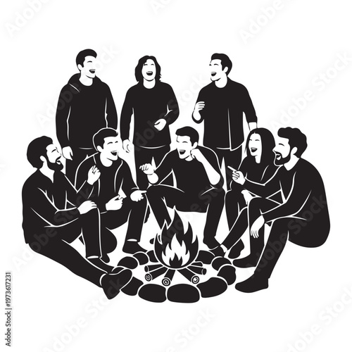 Friends gathering around campfire together under night sky vector silhouette