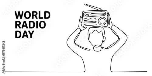 A single line drawing of a person holding a portable radio to celebrate international radio day. Vector, illustration