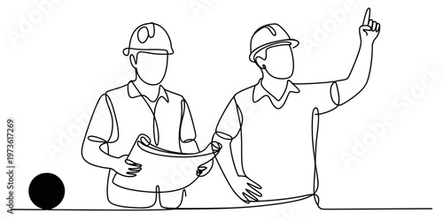 Continuous line drawing of two construction workers in hard hats discussing a project blueprint Vector, illustration