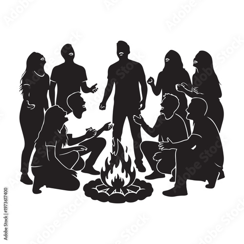 Friends gathering around campfire together under night sky vector silhouette