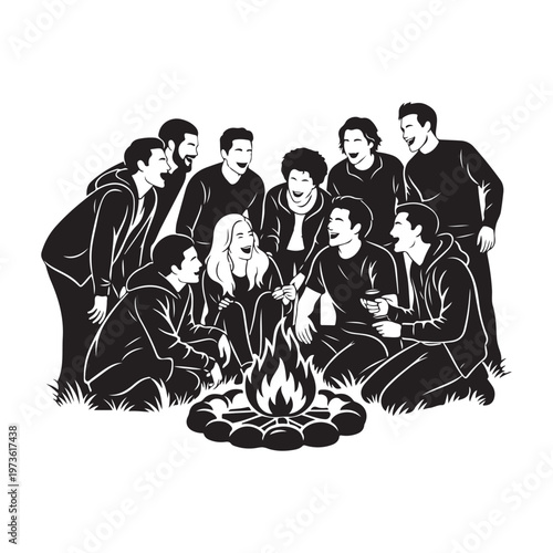 Friends gathering around campfire together under night sky vector silhouette