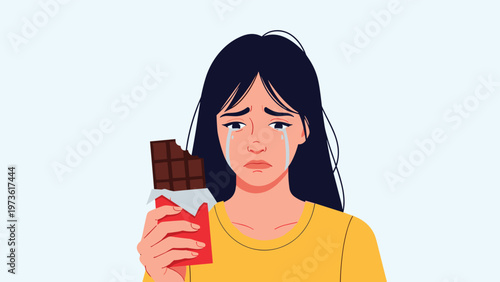 Young woman crying while holding chocolate bar expresses emotional distress and comfort eating during difficult times of loneliness.