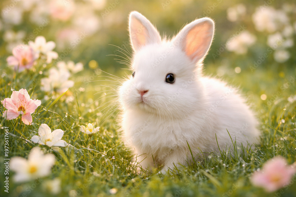 Fototapeta premium Adorable White Bunny In Flower Meadow