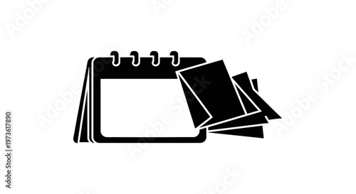 Black and white icon of a desk calendar with pages flipping.