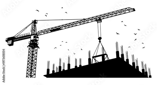 construction site silhouette with a tower crane actively lifting materials for urban development and industrial progress.