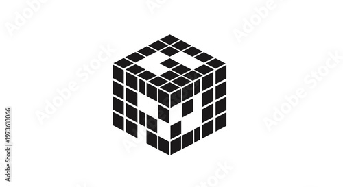Black and white pixelated cube shape.