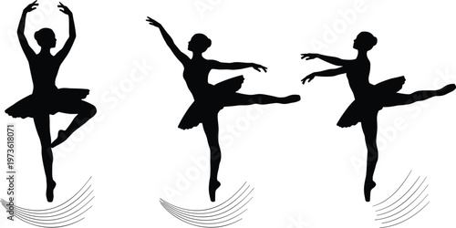 Black silhouettes of ballerina dancers in different graceful poses, ballet tutu girls performing dance moves vector isolated on white background.