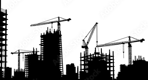 construction site silhouette with multiple tower cranes and unfinished buildings symbolizing urban development progress and future city growth
