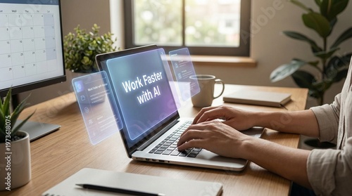 Person working on laptop with ai efficiency tools on screen in modern office