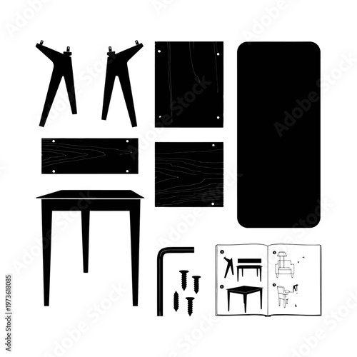 flat pack furniture components and tools laid out for home assembly illustrating the diy process with an instruction manual.