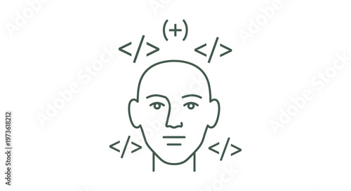 programming and coding concept icon featuring a human mind surrounded by developer code symbols and digital expertise.