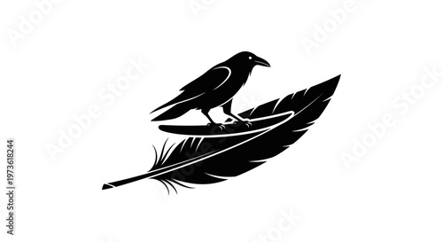 Black bird sitting on feather.