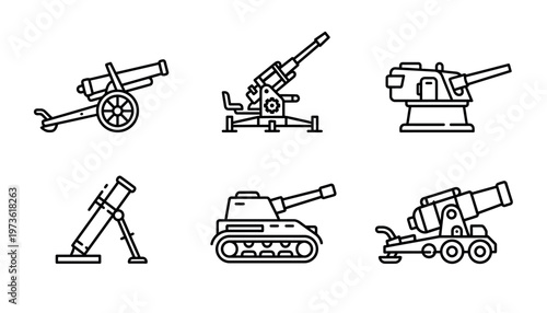 Collection of various military artillery weapons.