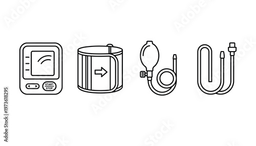 Line icons of medical equipment and devices.