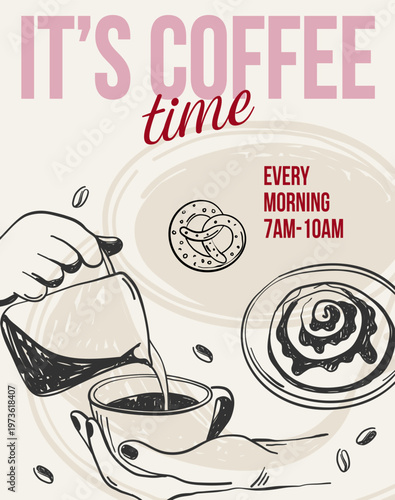 La Dolce Vita poster with a barista pouring milk from a jug, preparing coffee. Aesthetic quote It's coffee time. Whimsical chalk vector for wall art gallery, menus in cafe or restaurant etc.