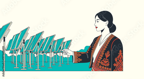 Empowered woman in traditional attire collaborating with a field of modern solar panels, representing sustainable energy solutions and a greener future.