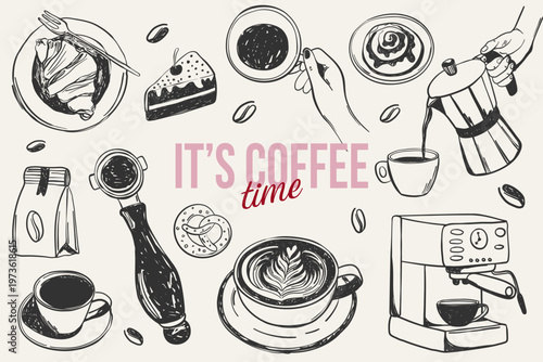 Vintage la dolce vita café elements set. Whimsical coffee,cup, croissant,desserts, moka pot etc. Chalk vector illustration for wall art gallery, invitation, menus in cafe or restaurant etc.