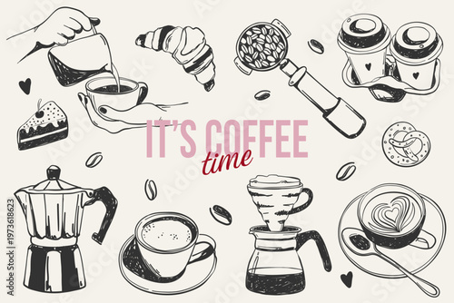 Vintage la dolce vita café elements set. Whimsical coffee,cup, croissant,desserts, moka pot etc. Chalk vector illustration for wall art gallery, invitation, menus in cafe or restaurant etc.