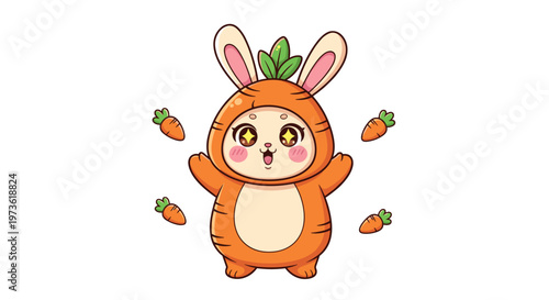 Cute cartoon character wearing a carrot costume with floating carrots