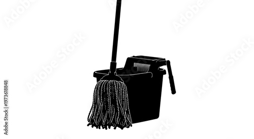 Black mop and bucket cleaning tools.