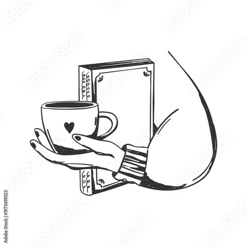 Vintage ‘La Dolce Vita’ illustration with a girl holding a book and a cup of coffee. Whimsical chalk vector illustration isolated on white background.