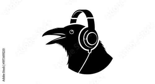 Black silhouette crow wearing headphones profile.