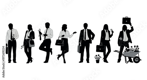 Silhouettes of business people with briefcases and flowers