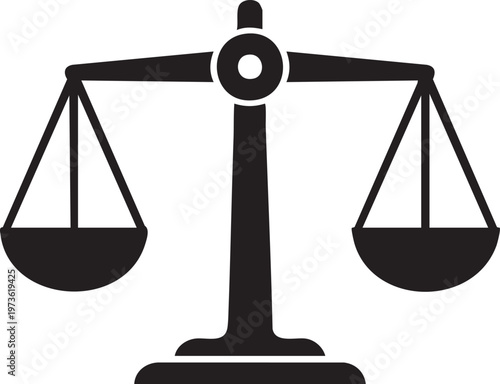 Black scale icon, law balance symbol, justice weight sign, flat design