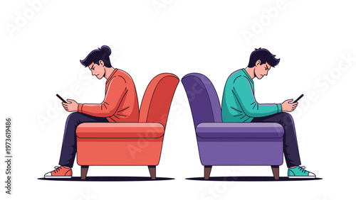 Young couple sitting back to back on armchairs looking at their smartphones showing distance and lack of communication in a relationship.