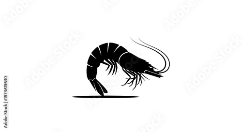 Black silhouette of a shrimp on a white background simple and elegant design.