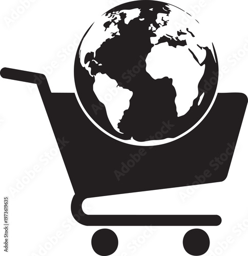 Global Shopping, E-commerce Icon, Black Earth Globe, Online Store Cart