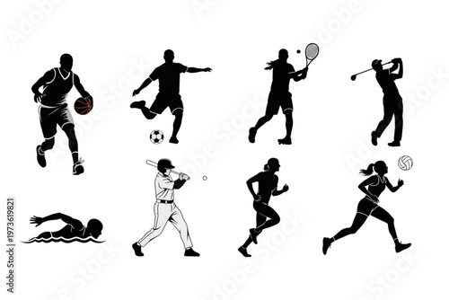 Set of 8 Sports Icons Vector Silhouette Style Isolated Athletic Activity Soccer, Basketball, Football, Baseball 