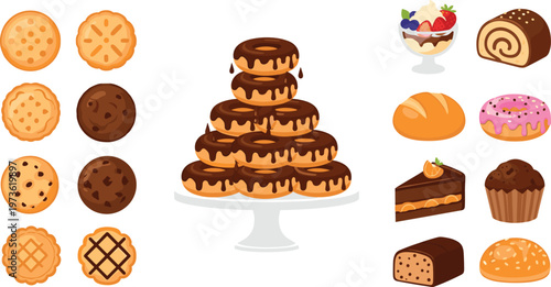 Assorted bakery desserts vector set featuring cookies, donuts, cakes, muffins and pastries arranged on stand isolated on white background for sweet food design
