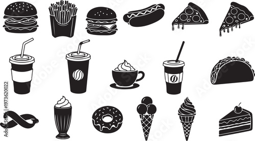 Variety of Fast Food and Dessert Icons in Black