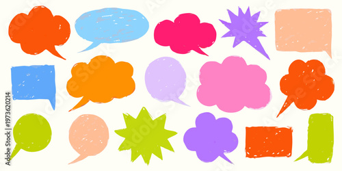 Collection of colorful hand drawn speech bubbles and thought balloons