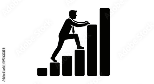 Businessman climbing bar graph representing career growth and success.