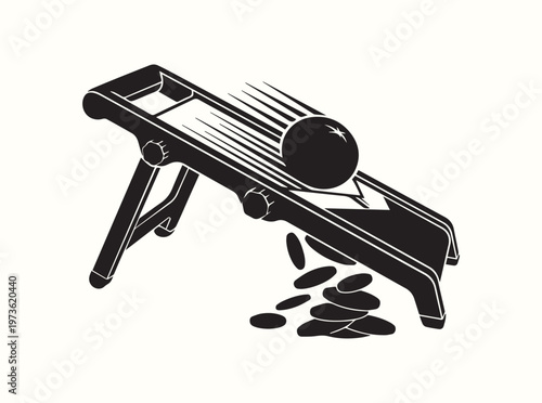 Black silhouette of a vegetable sliding down a mandoline slicer