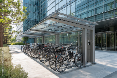 Bicycles parked at modern office building bike shelter.