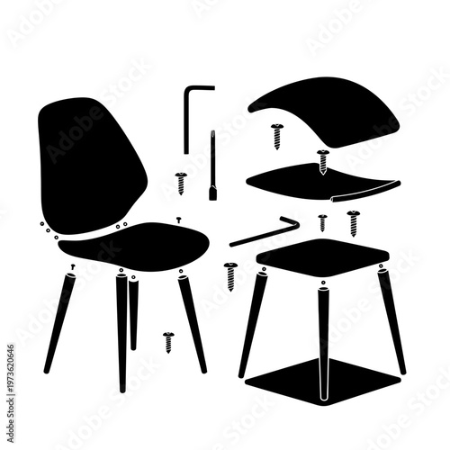 furniture assembly diagram showing flat pack chair and table components with tools for diy home setup instructions