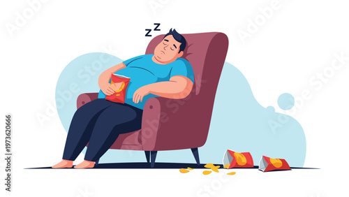Overweight man sleeping in a large armchair surrounded by open bags of potato chips representing a sedentary lifestyle and poor health habits.