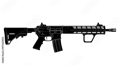 Detailed illustration of a modern assault rifle in black and white.