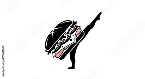 Dynamic burger logo with a leg kick combining food and martial arts.